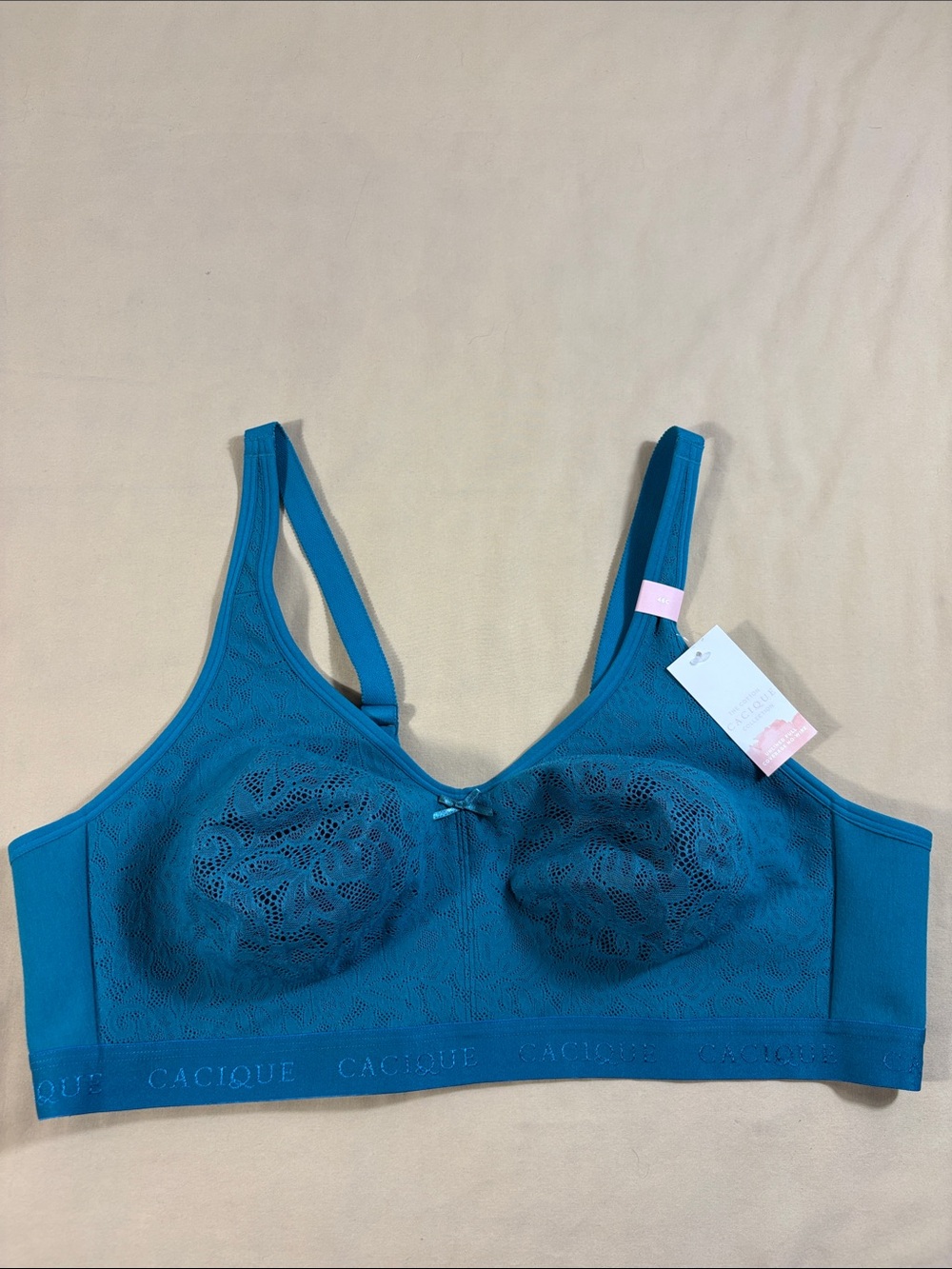 Cacique 46C Teal Blue Cotton Unlined Full Coverage No-Wire Lace Logo Bra NWT
